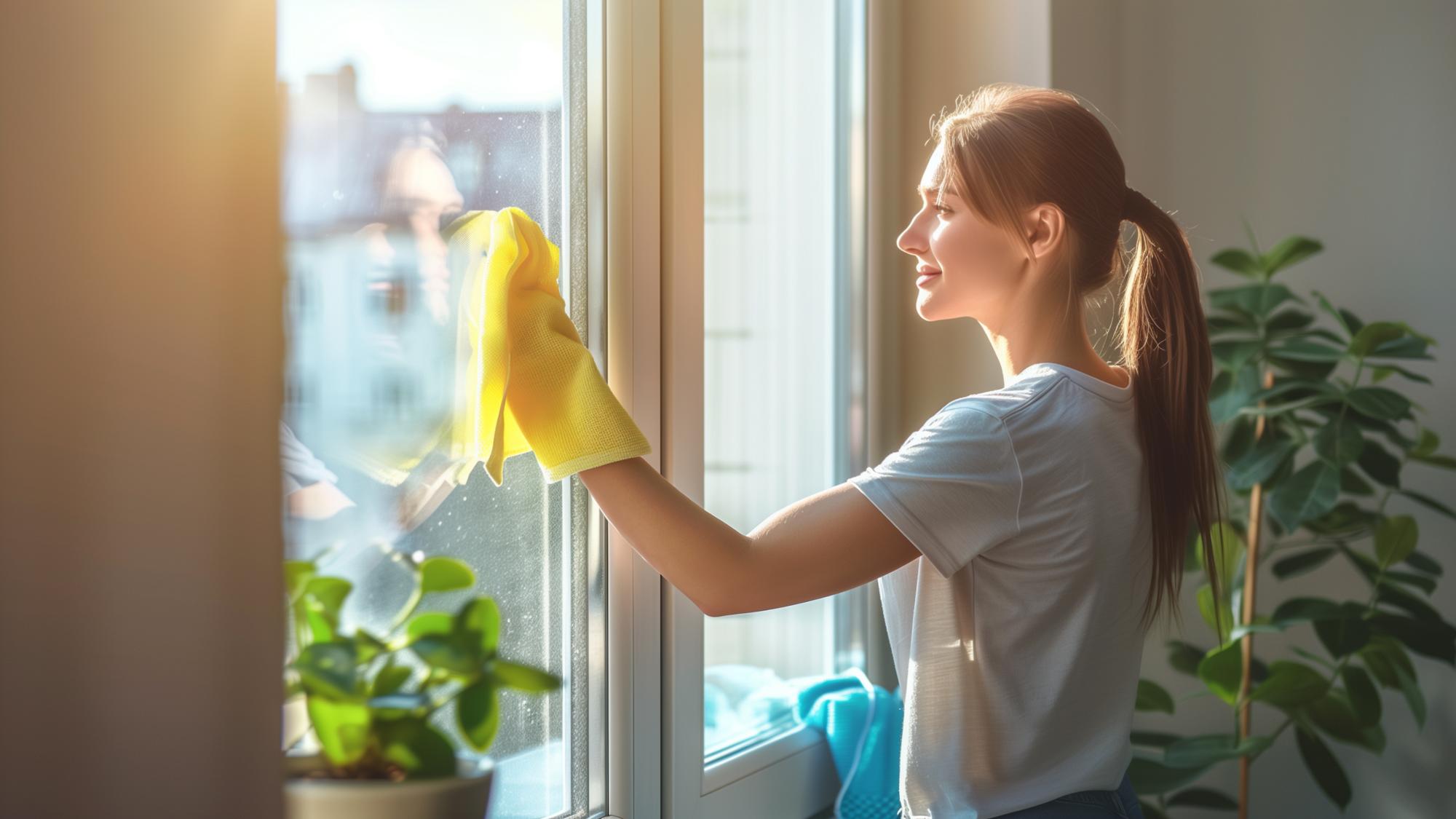 A woman in a white t-shirt is cleaning a window with a yellow cloth, smiling as sunlight streams in, highlighting a potted plant nearby.